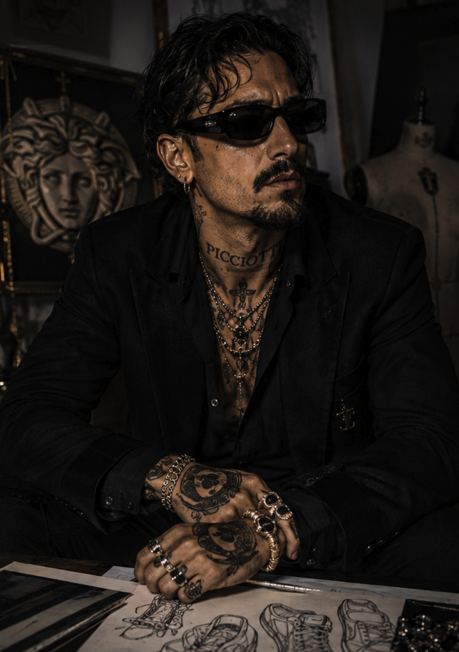 Giovanni Picciotti seated in his atelier in black tailoring, layered chains and rings