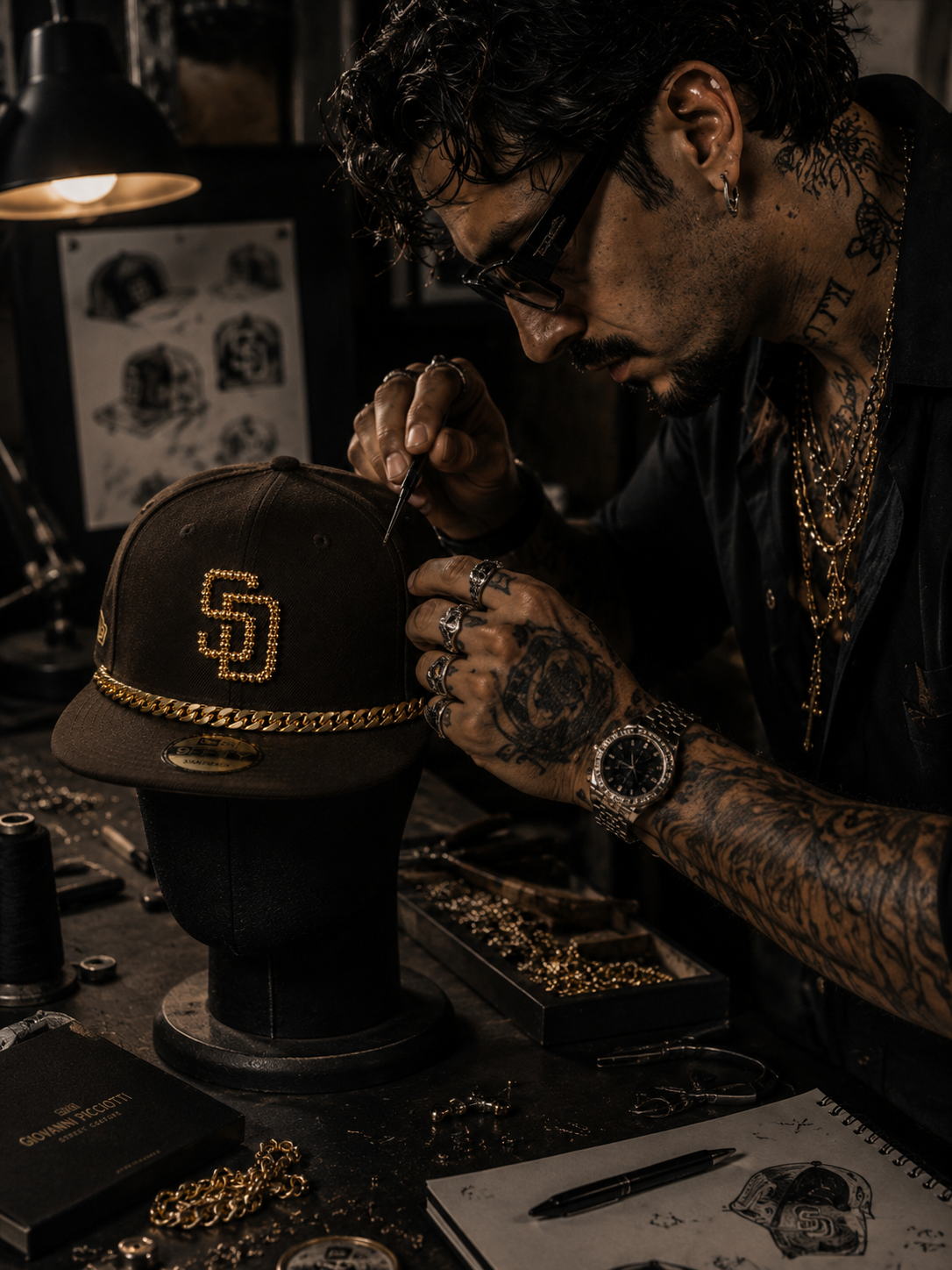 Giovanni Picciotti setting a gold beaded monogram and Cuban-link chain on a cap at the bench
